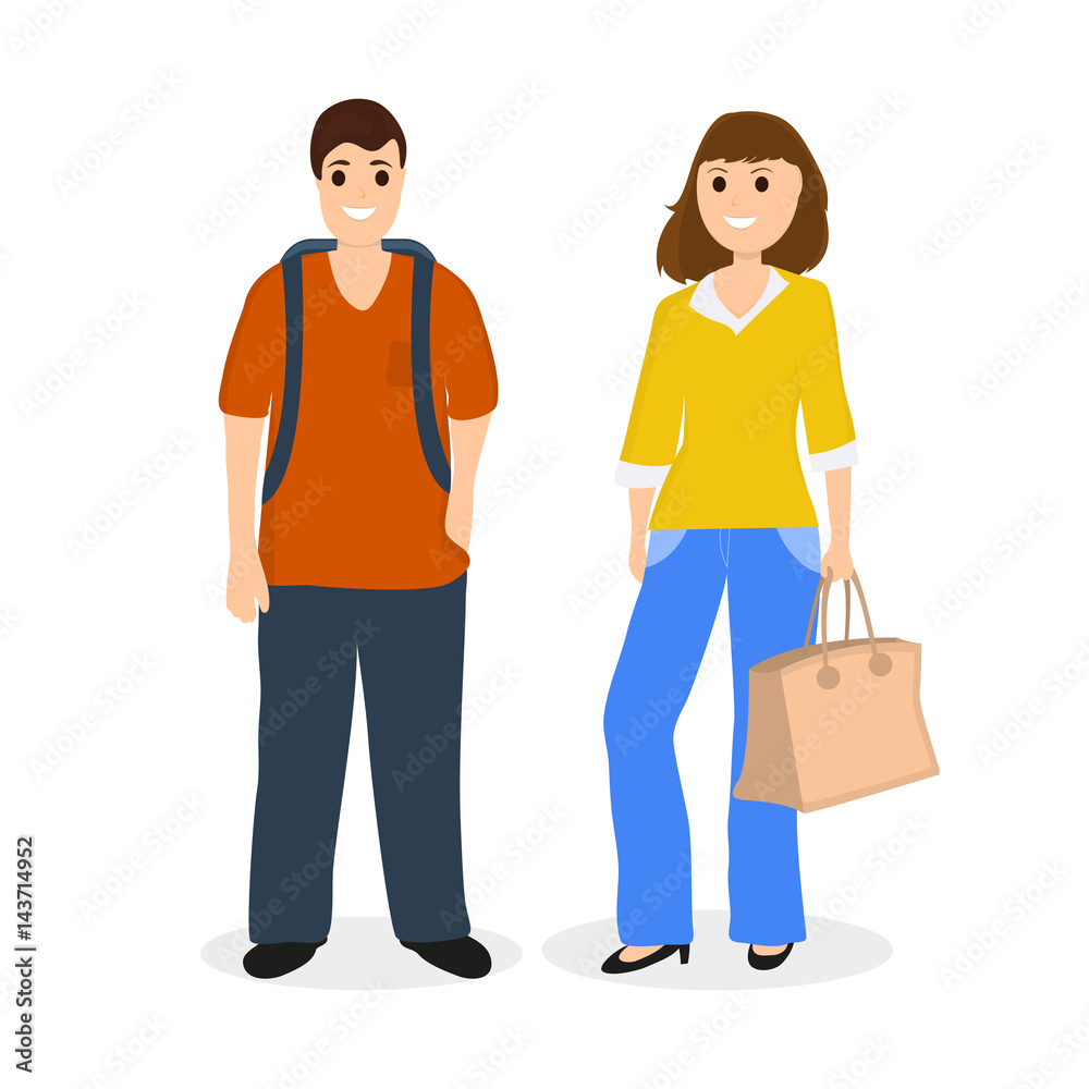 Man and woman travelers tourists with a bag and a backpack Man and woman travelers tourists with a bag and a backpack