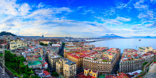 Panoramic seascape of Naples, view of the port in the Gulf of Naples, Torre del Greco, and Mount Vesuvius. The province of Campania. Italy.
