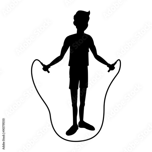young tired man jumping rope sport icon image vector illustration design  black silhouette