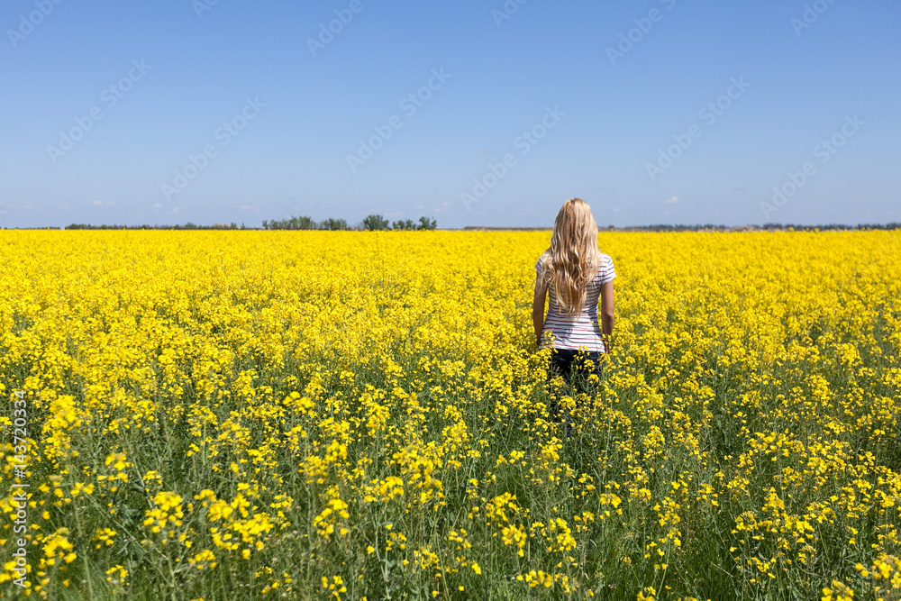 Rapeseed field. Blooming colza field. Beautiful girl in the flowered yellow field. Rapes on the field in summer. Summer concept. agriculture concept. empty space for the text. Rapeseed field. Blooming colza field. Beautiful girl in the flowered yellow field. Rapes on the field in summer. Summer concept. agriculture concept. empty space for the text.
