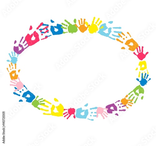 Oval frame made of colored handprints.