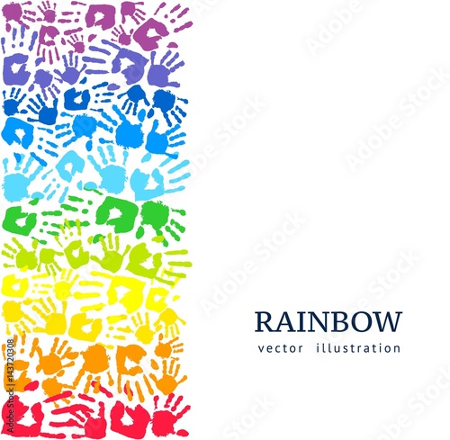 Border made of colored hands. Rainbow background. Abstract vector illustration