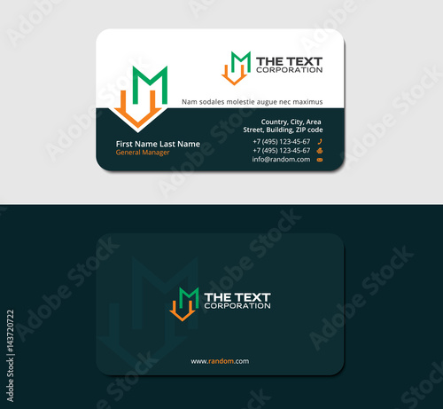 dark green business card with letter M and roof