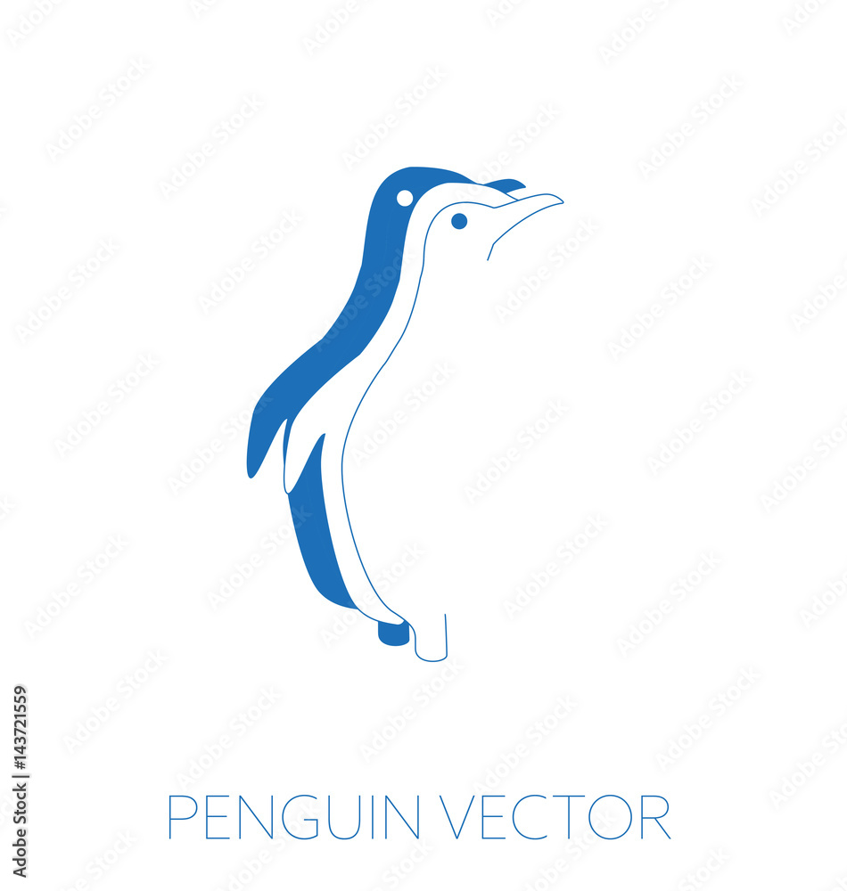 Penguin minimal vector illustration, monochrome blue drawing, positive ...