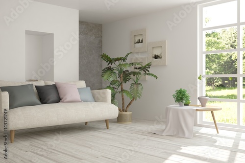 White room with sofa and green landscape in window. Scandinavian interior design. 3D illustration