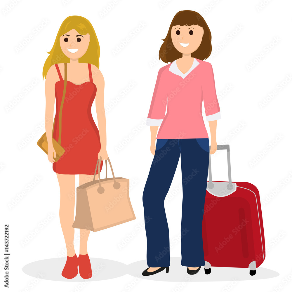 Women tourists with bags and suitcase