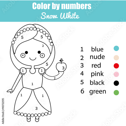 Coloring page with cute Snow White fairy tale princess character. Color by numbers educational children game, drawing kids activity.