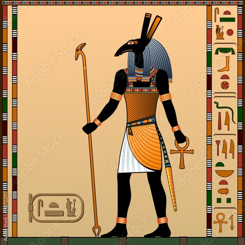 Religion of Ancient Egypt. Seth is the god of war, the sandstorms, the guardian of the god Ra. Ancient Egyptian god Seth in the guise of a man with a zoomorphic head. Vector illustration.
 photo