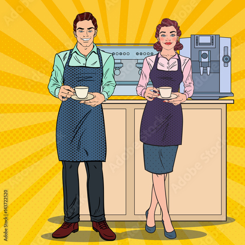 Couple of Barista Preparing Coffee in Cafe. Pop Art retro vector illustration
