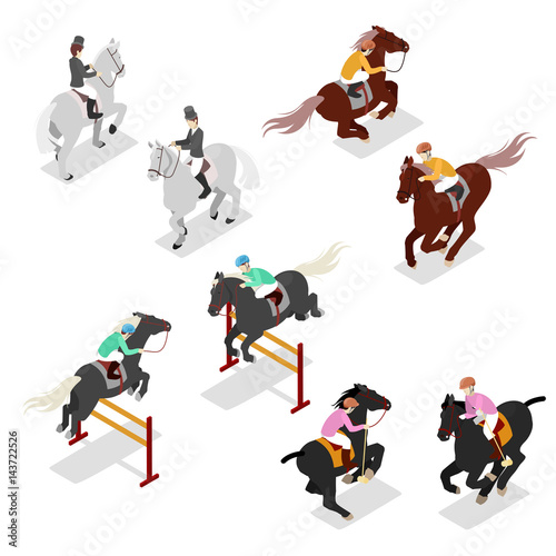 Equestrian Sports - Polo, Dressage, Contest. Man on Horse. Isometric vector flat 3d illustration © Sergii Pavlovskyi