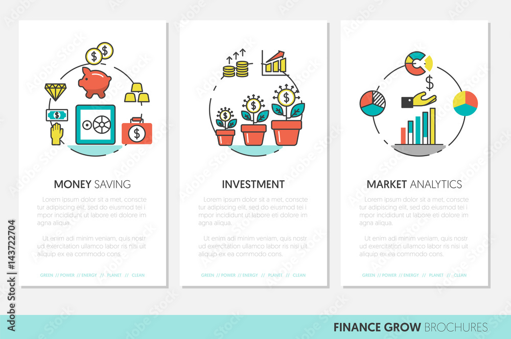 Business Brochure Template with Finance Investment Linear Thin Vector Icons