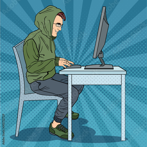 Hacker Hooded Man Stealing Information from Computer. Cyber Crime. Pop Art retro vector illustration