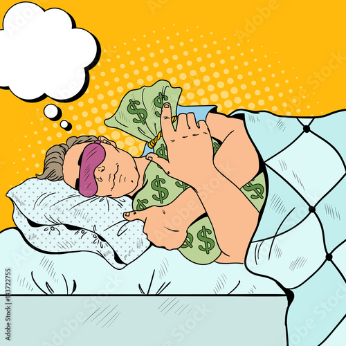 Businessman Sleeping in Bed with Money Bags. Pop Art retro vector illustration