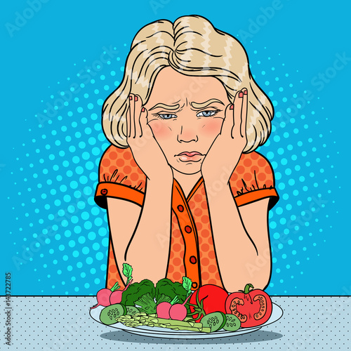 Unhappy Girl with Plate of Fresh Vegetables. Healthy Eating. Pop Art retro vector illustration