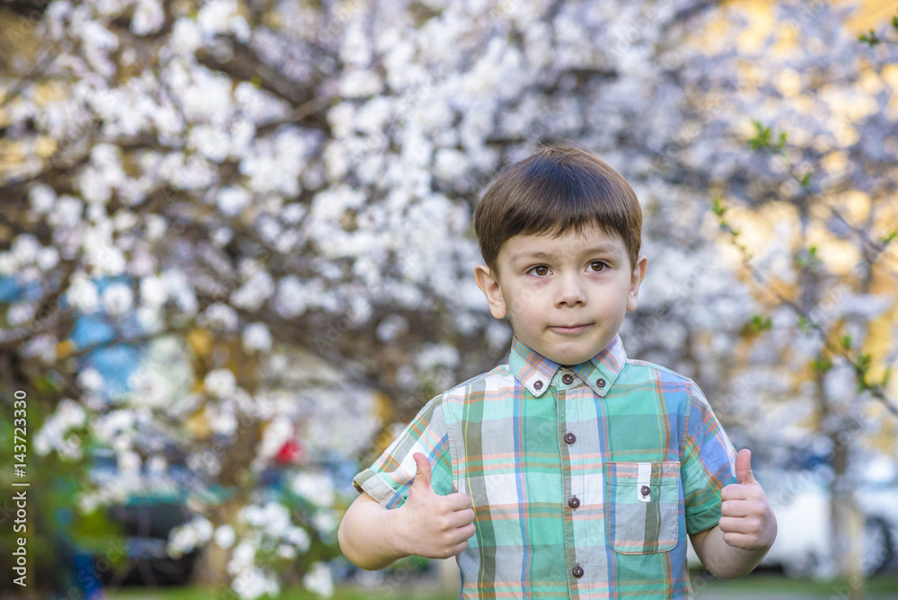 toddler boy in spring time near the blossom tree smiling happy boy toddler boy in spring time near the blossom tree smiling happy boy
