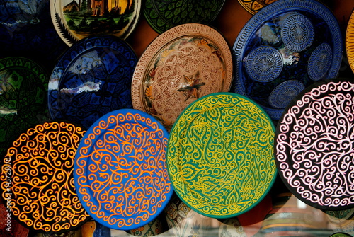 Pottery Colorful Plates in the Market in Marrakesh  Morocco