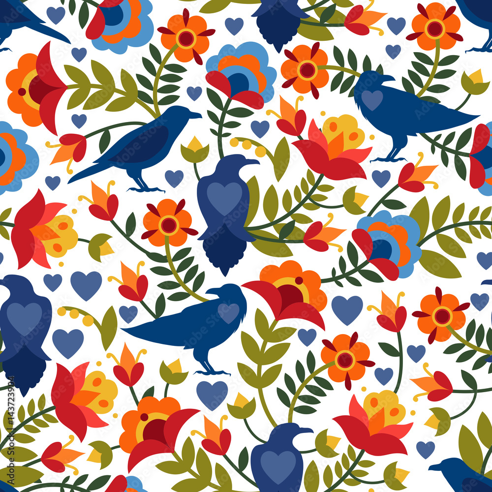Seamless pattern with raven, symbols of the heart and flowers. Background with flat shapes in blue, green, red, orange and yellow colors. Texture in ethno style. Vector illustration.