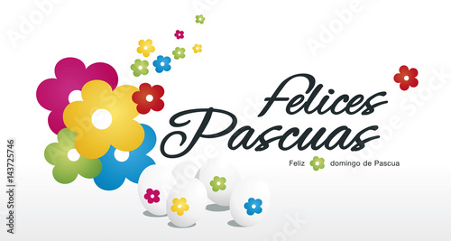 Happy Easter egg hunt color flower white background Spanish text