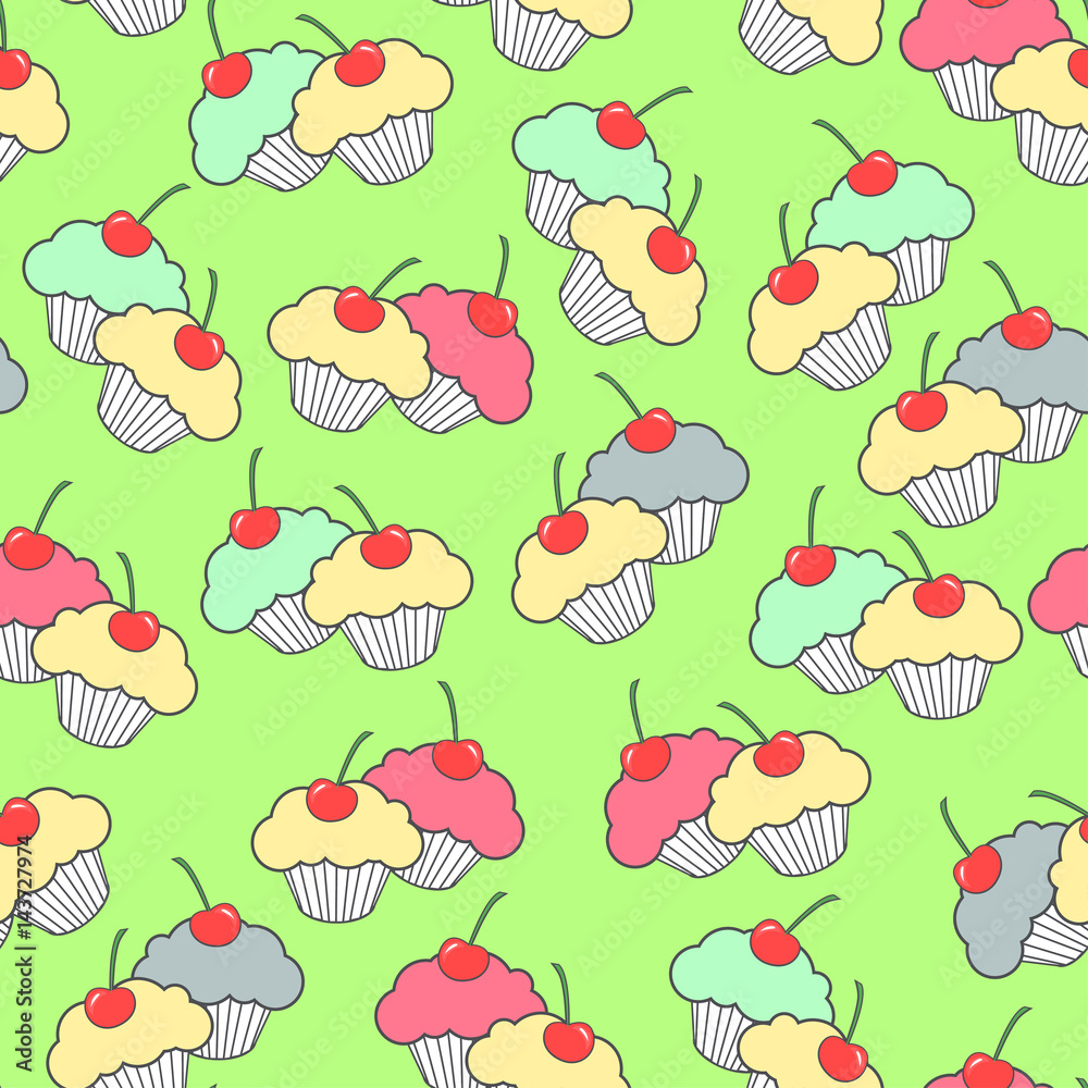 Seamless background from sweet hand-drawn cupcakes. Cartoon Pattern Seamless background from sweet hand-drawn cupcakes. Cartoon Pattern