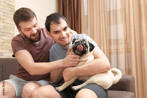 Happy gay couple sitting on...