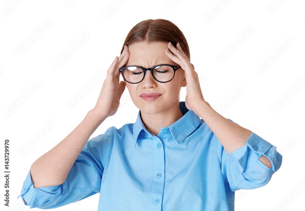 Beautiful young woman suffering from headache on white background Beautiful young woman suffering from headache on white background