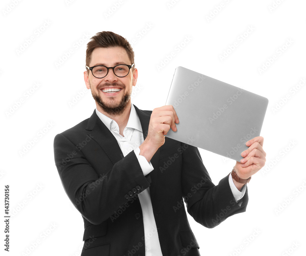 Handsome young man with laptop on white background Handsome young man with laptop on white background