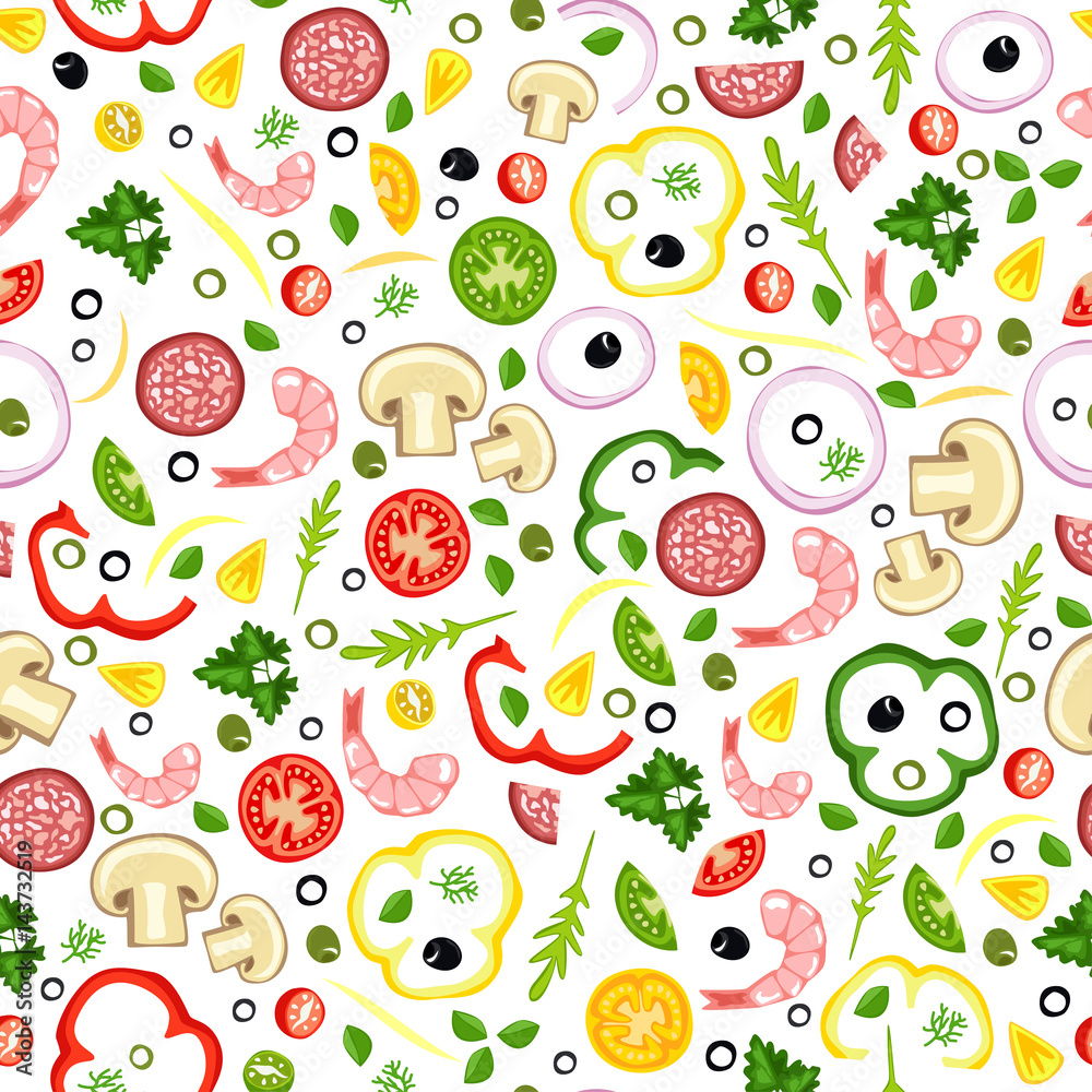 Seamless background of pizza ingredients. Delicious pattern