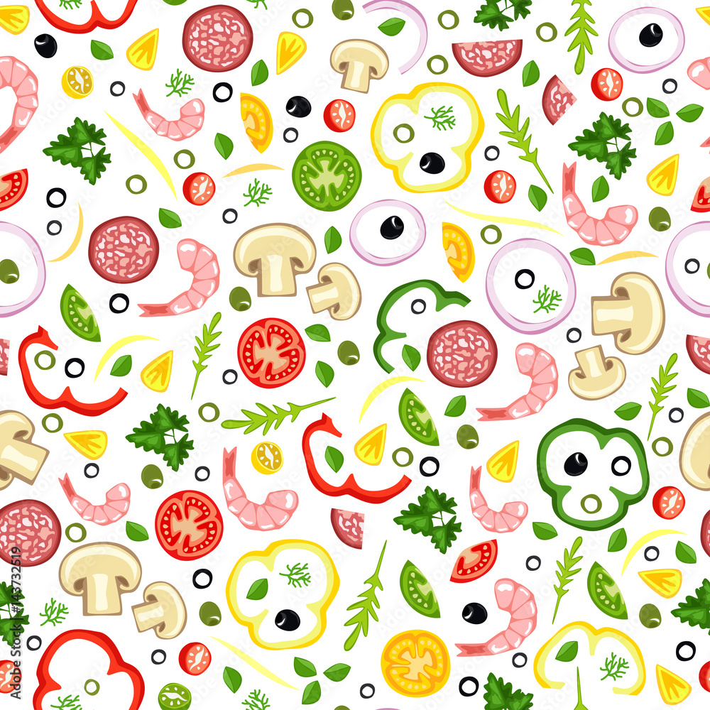 Seamless background of pizza ingredients. Delicious pattern Seamless background of pizza ingredients. Delicious pattern