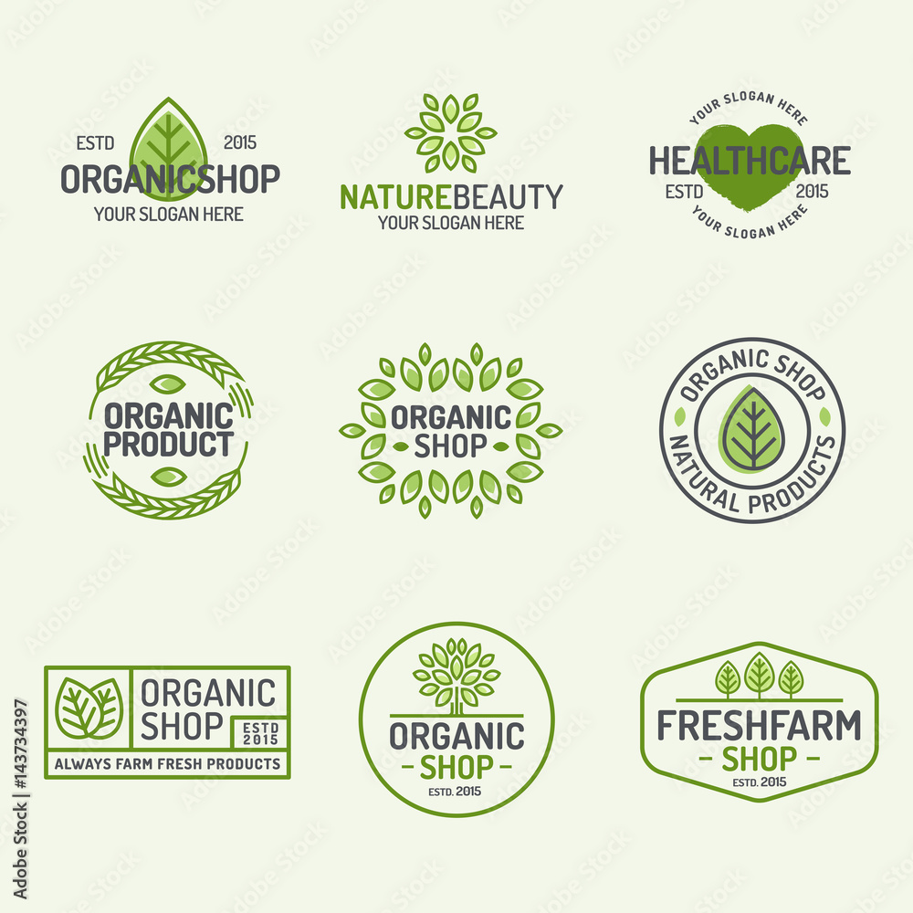 Organic shop and fresh farm logo set line style isolated on background for vegan cafe, eco shop, ecology company, green unity, nature firm, natural product, garden, farming. Vector Illustration - obrazy, fototapety, plakaty 