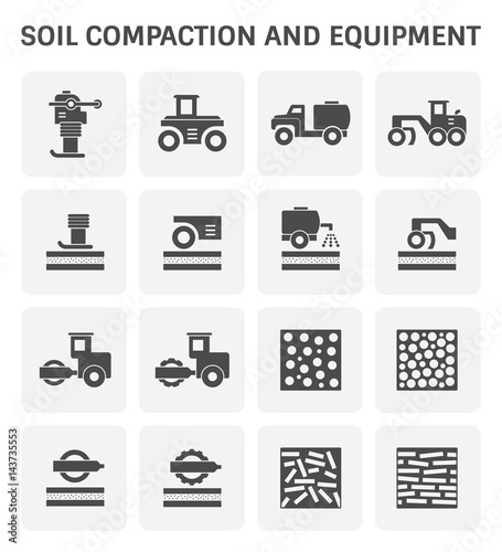 Vector icon of soil compaction and equipment for construction work.