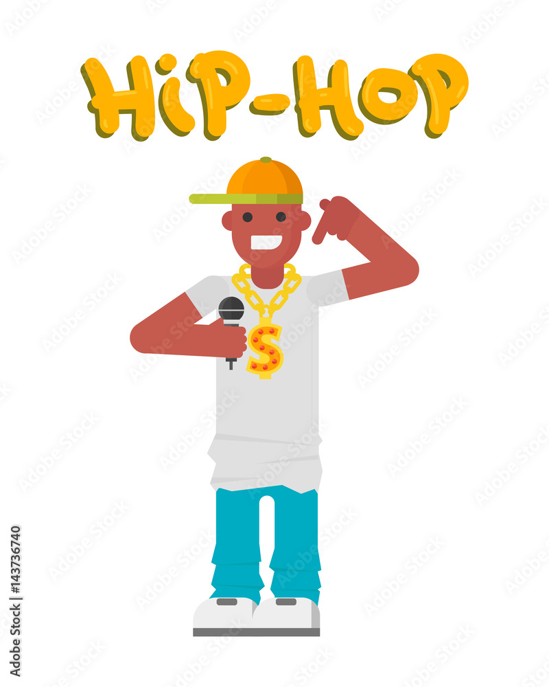 Hip hop character musician with microphone breakdance expressive rap portrait vector illustration.