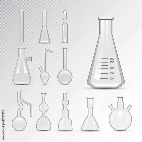 Chemical laboratory 3d lab flask glassware tube liquid biotechnology analysis and medical scientific equipment vector illustration.