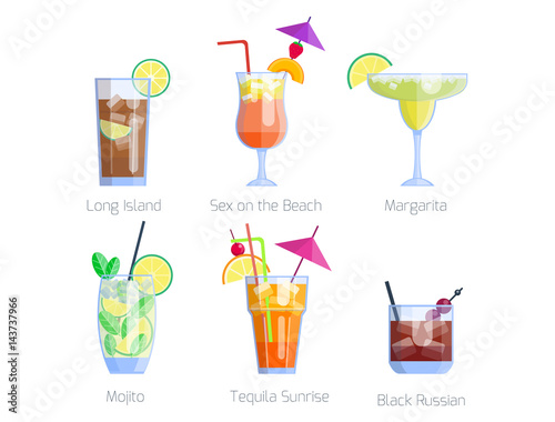Set of alcoholic cocktails isolated fruit cold drinks tropical cosmopolitan freshness collection and party alcohol sweet tequila vector illustration.