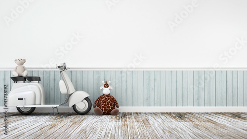 Photos Vintage motorcycle with doll giraffe and baer on wooden floor-3D Rendering