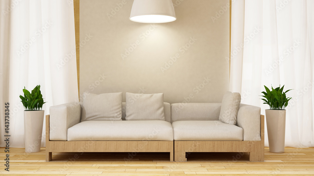 White and wood sofa with plant in white room-3D rendering