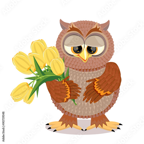 Brown owl with big eyes holding a bouquet of yellow tulips