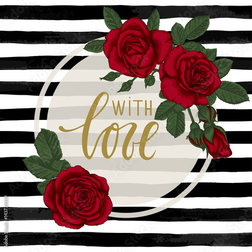black and white watercolor striped background with Hand drawn lettering with love