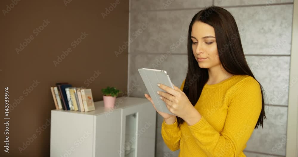 Beautiful young woman using her tablet computer indoor. Attractive woman typing on touchscreen tablet device and smiling at home Beautiful young woman using her tablet computer indoor. Attractive woman typing on touchscreen tablet device and smiling at home