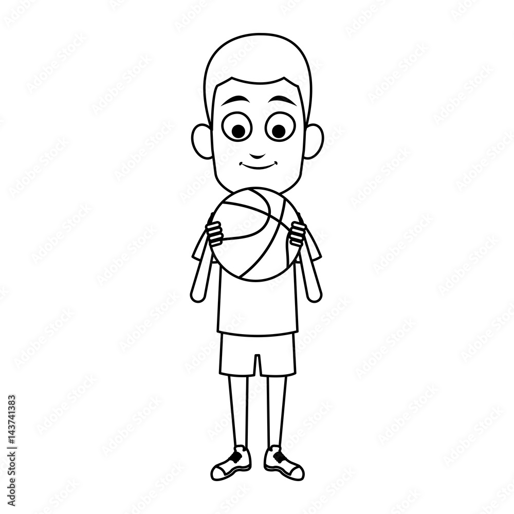 boy with basketball ball, cartoon icon over white background. colorful design. vector illustration