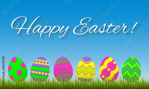 Happy Easter greeting card. Colorful Easter eggs in the green grass on the sky background. Vector illustration.
