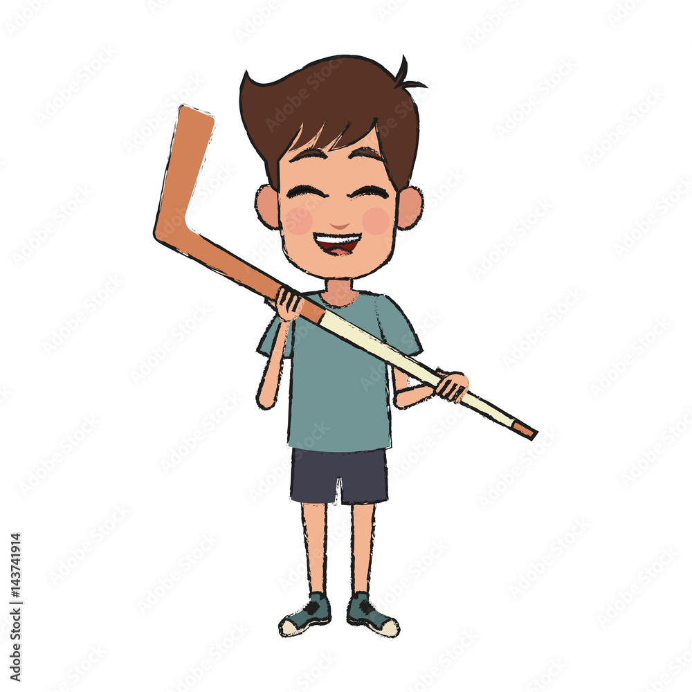 boy holding a hockey stick, cartoon icon over white background. colorful design. vector illustration boy holding a hockey stick, cartoon icon over white background. colorful design. vector illustration