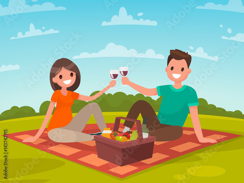 Happy couple of young people on a picnic. A trip to nature together. Vector illustration