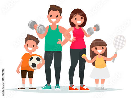 Sport family. Dad, mother, son and daughter lead a healthy lifestyle and are engaged in fitness and various sports