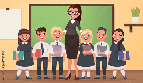 Teacher and pupils of primary school together in the classroom. Vector illustration in cartoon style