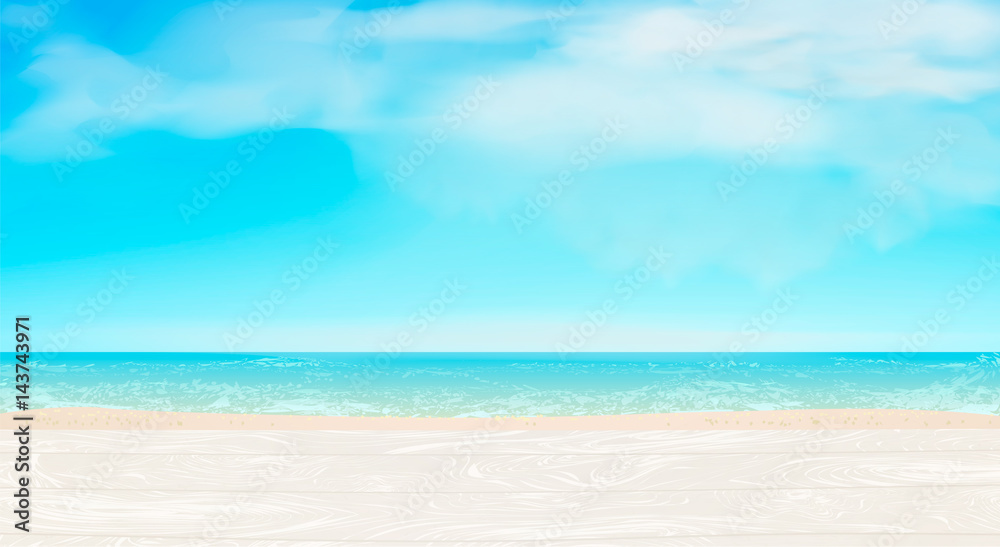 White beach sand, blue sea, sky, clouds, sunlight, white wood boards. Summer design for holidays background, vacation banner, panorama. Separated elements under masks,vector illustration.