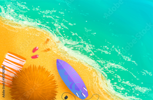 Summer sand beach: straw umbrella, mat, flip flop, ocean, sea waves, surfing board. Hand drawn elements, vector illustration. Beautiful travel banners for tropical holiday, vacation. photo