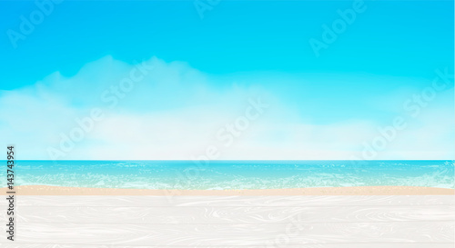 White beach sand, blue sea, sky, clouds, sunlight, white wood boards. Summer design for holidays background, vacation banner, panorama. Separated elements under masks,vector illustration.