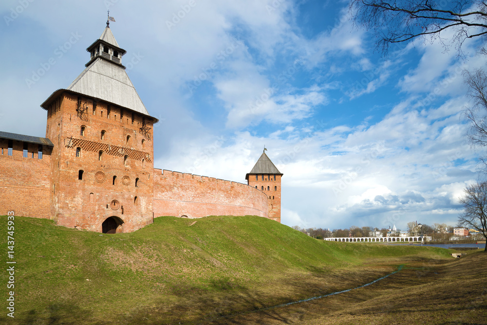 April day at walls of detinets of Veliky Novgorod. Russia
