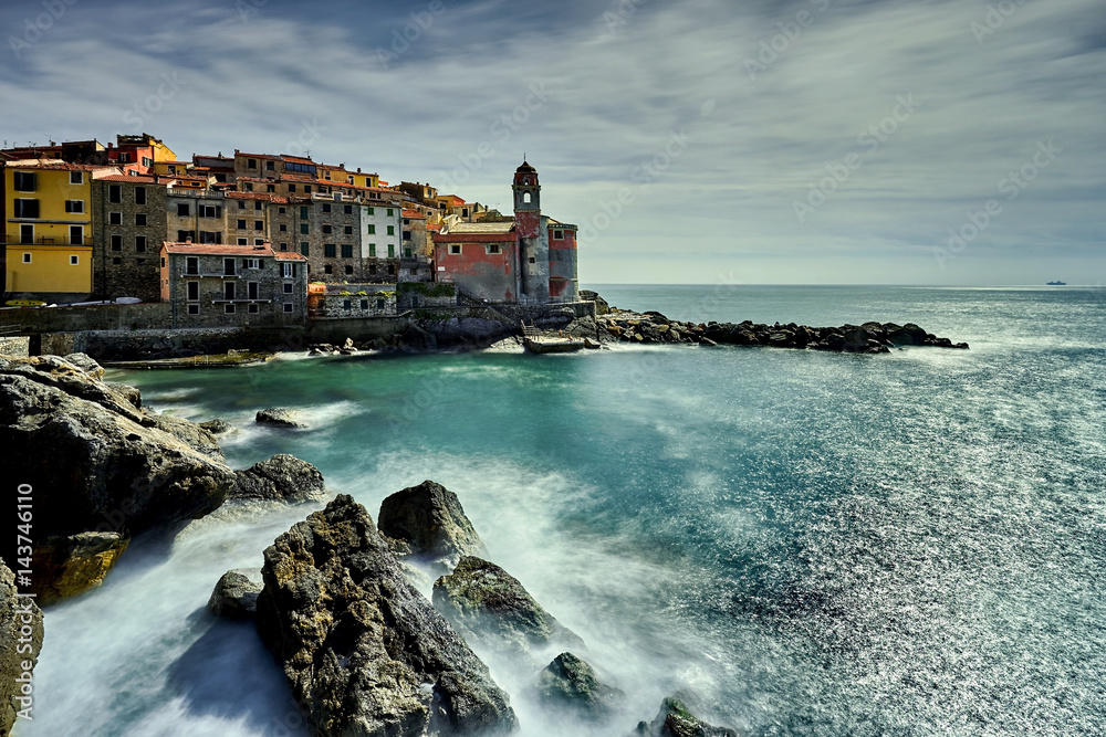Scenic sea coast Tellaro village , Liguria, Italy - black and white