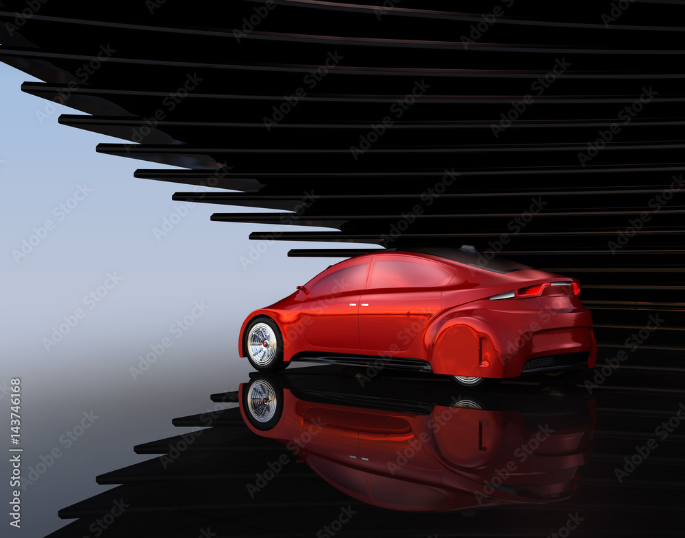 Obraz premium Metallic red autonomous car on abstract background. 3D rendering image. 